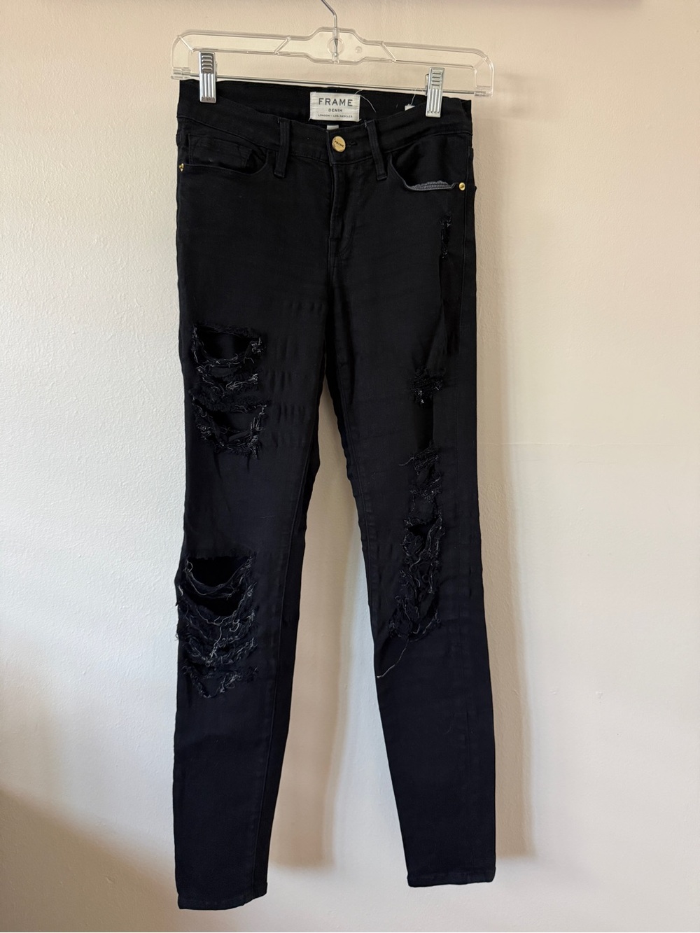 FRAME Le Skinny de Jeanne Distressed Skinny Jeans Black Waist 24